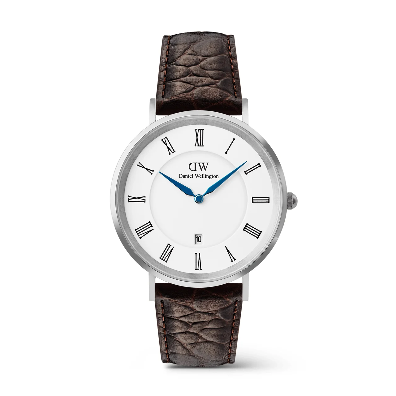 DANIEL WELLINGTON Classic Roman Numerals Date Dark Brown Croc Belly Silver DW00100911 kol saati