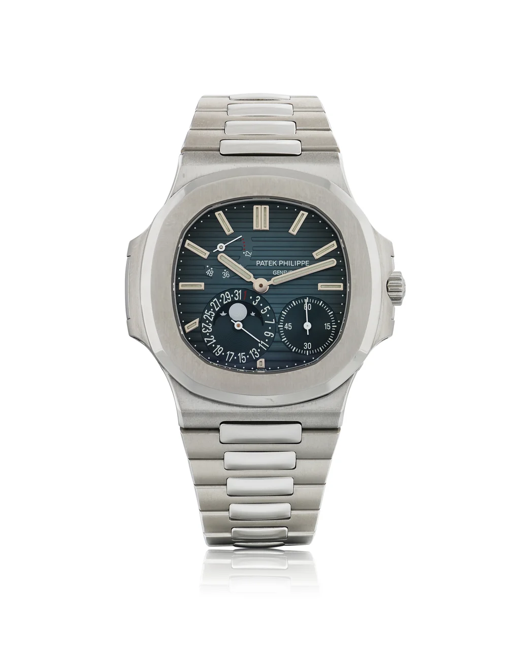 Patek Philippe Ref. 5712 1A-001, large, self-winding, date, moon, power-reserve indication; “Nautilus”; stainless steel kol saati