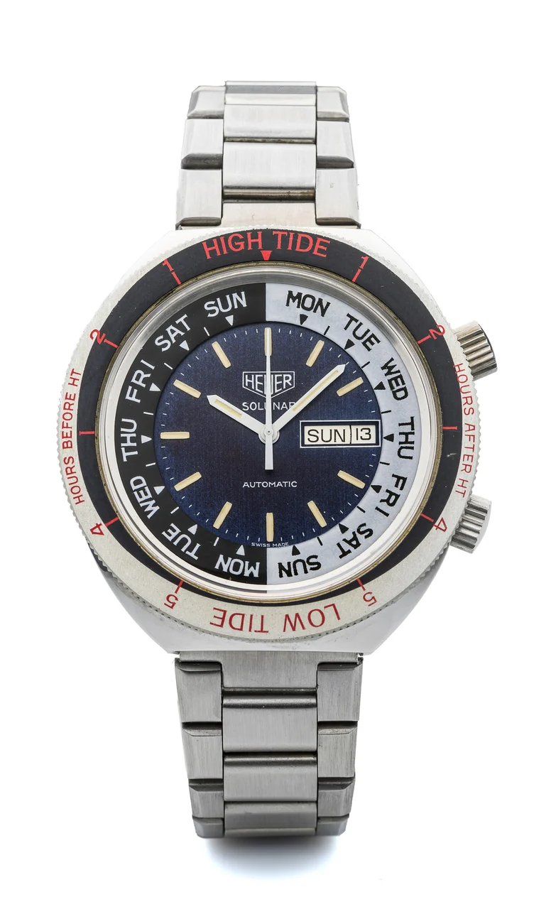Heuer HEUER, REF. 279.603, SOLUNAR A fine and unusual, self-winding, stainless steel day-date wristwatch with revolving inner bezel for tide indication. kol saati