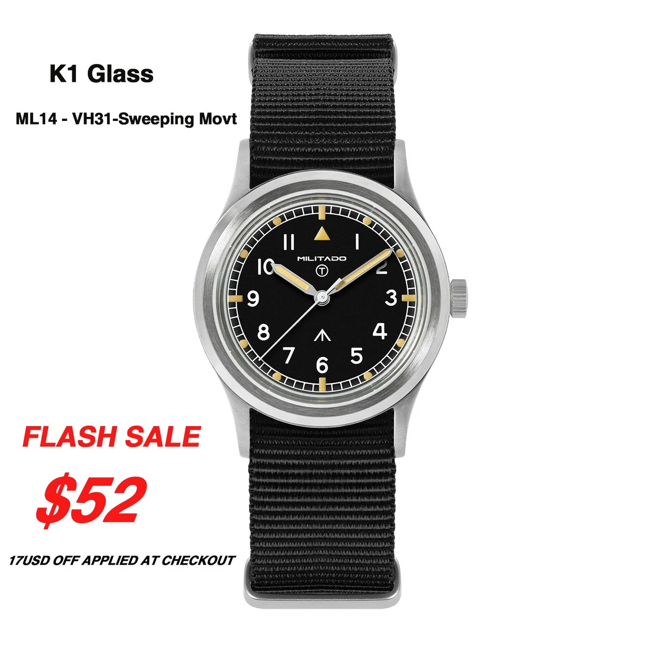 MILITADO MILITADO ML15-黑盘黄针-K1 36 mm kol saati