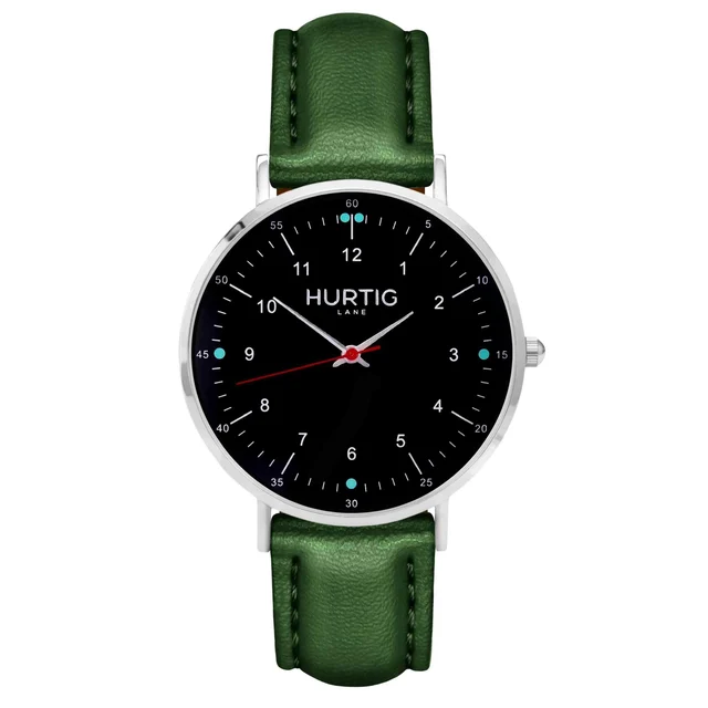 Hurtig Lane Vegan Watches Moderno CACTUS Leather Watch Silver, Black & Green kol saati