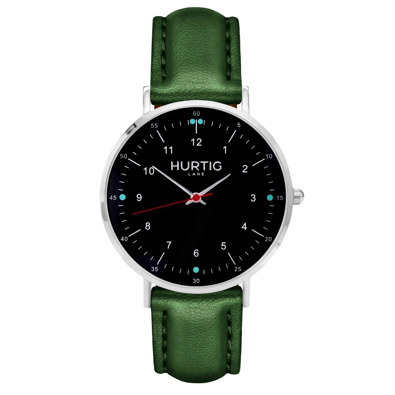 Hurtig Lane Vegan Watches Moderno CACTUS Leather Watch Silver, Black & Green 40 mm kol saati