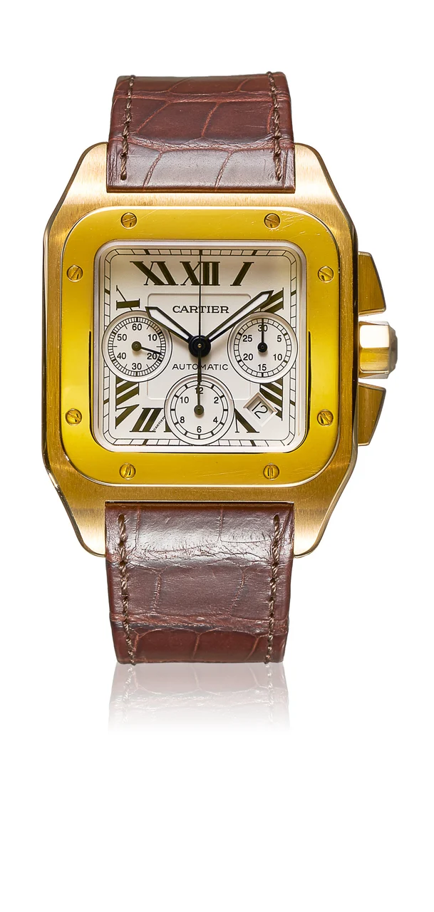 Cartier Ref. 2741, chronograph, minute and hour recorders, date; “Santos 100 Chronograph”; 18K pink gold kol saati