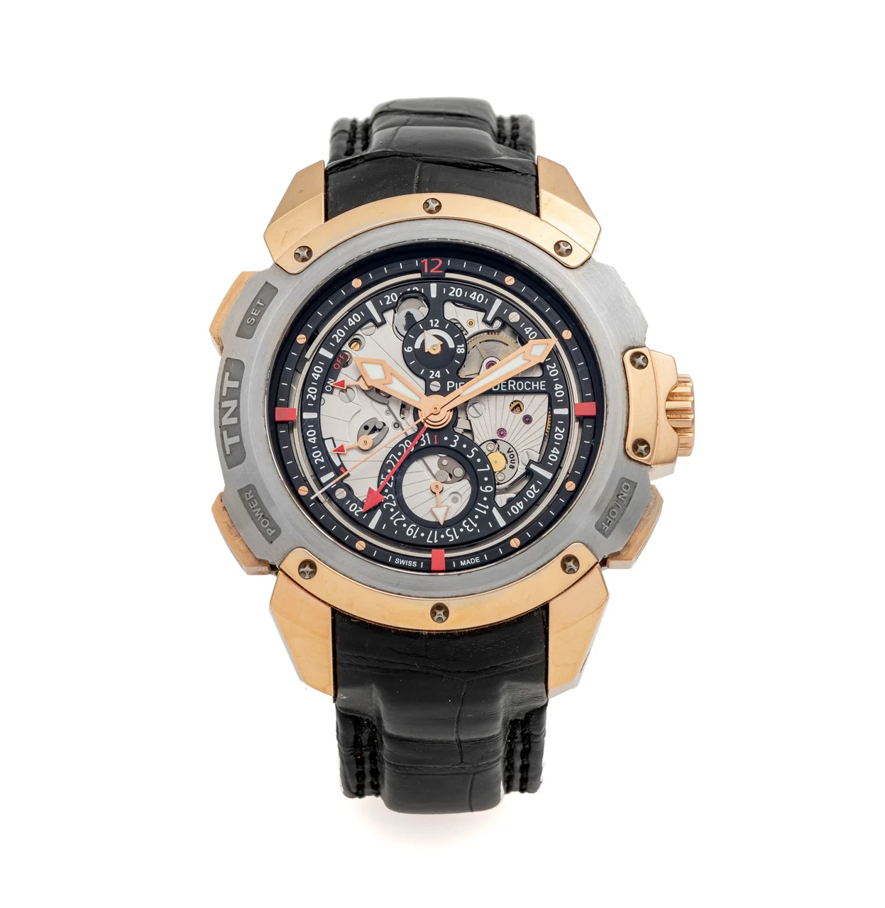 Pierre DeRoche Ref. B-01778, oversize, self-winding, date, AM-PM indication, striking appointment function; “TNT” “Rendez-vous”; limited edition of 21 examples, No. 01; black PVD-coated titanium, titanium, stainless steel and 18K pink gold kol saati