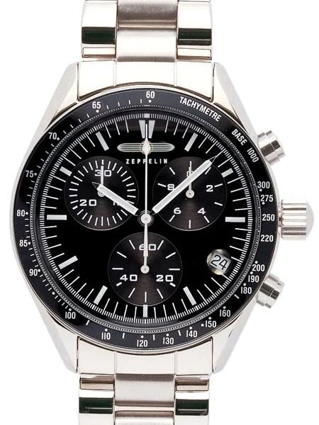 Graf Zeppelin Aviator-Style Chronograph, Black Line Watch with Bracelet #7286M-2 kol saati