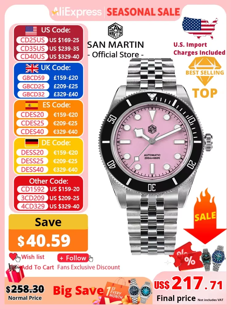 San Martin Pink BB Diver Watch NH35 Top Brand Classic L San Martin 40mm Pink BB Diver Watch NH35 Top Brand Classic L 40 mm kol saati