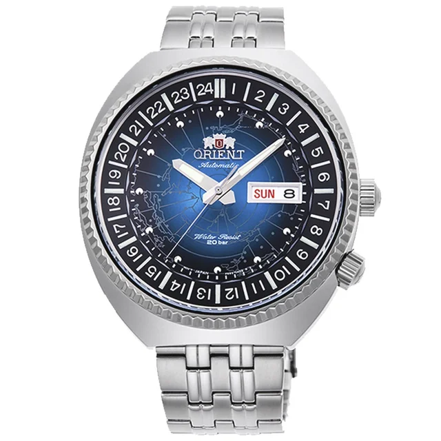 Orient Vintage-Inspired Automatic Dual-Time Watch with a Blue World Dial #RA-AA0E03L19B ko