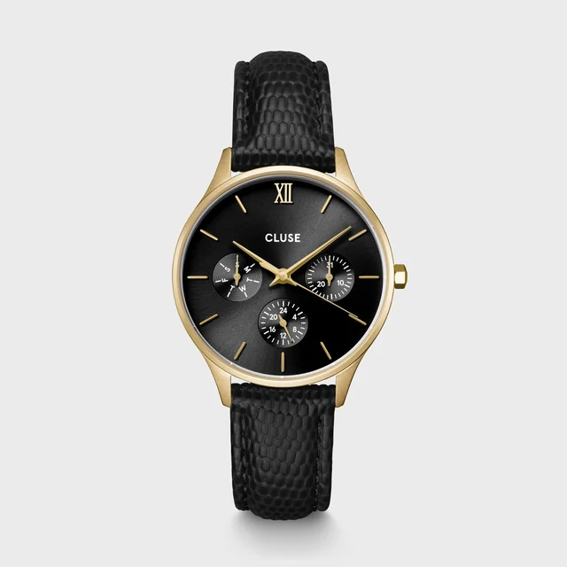 CLUSE Minuit Multifunction Black Watch Leather, Black Lizard, Gold Colour CW10708 kol saat