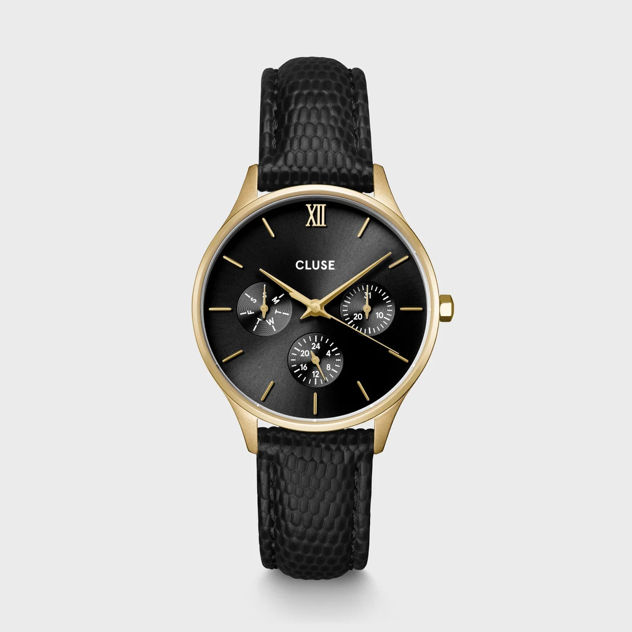 CLUSE Minuit Multifunction Black Watch Leather, Black Lizard, Gold Colour CW10708 34 mm kol saati