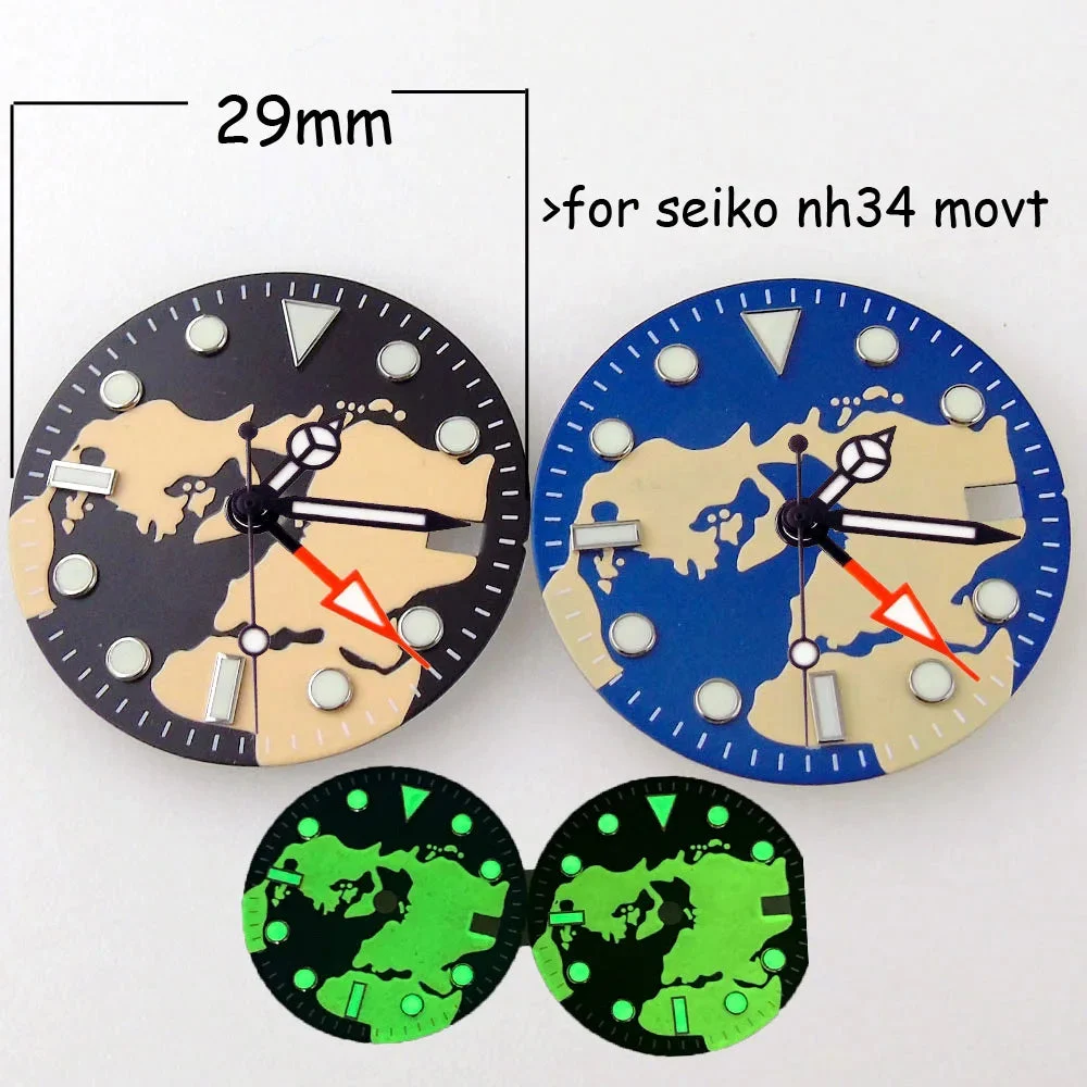 Tandorio Nologo Green Luminous Watch Dial Hand Set for S NH34 GMT Movt Black Edge Needles Green luminous Watch parts Custom LOGO 14:350850#blue dial 29 mm kol saati