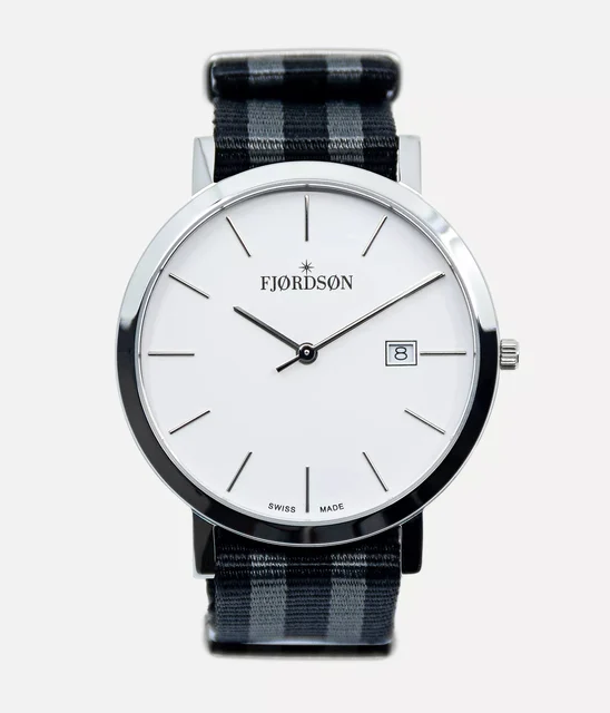 Fjordson White Dial With Black/Grey Nato Strap - Watch #9142 | White Dial With Black/Grey