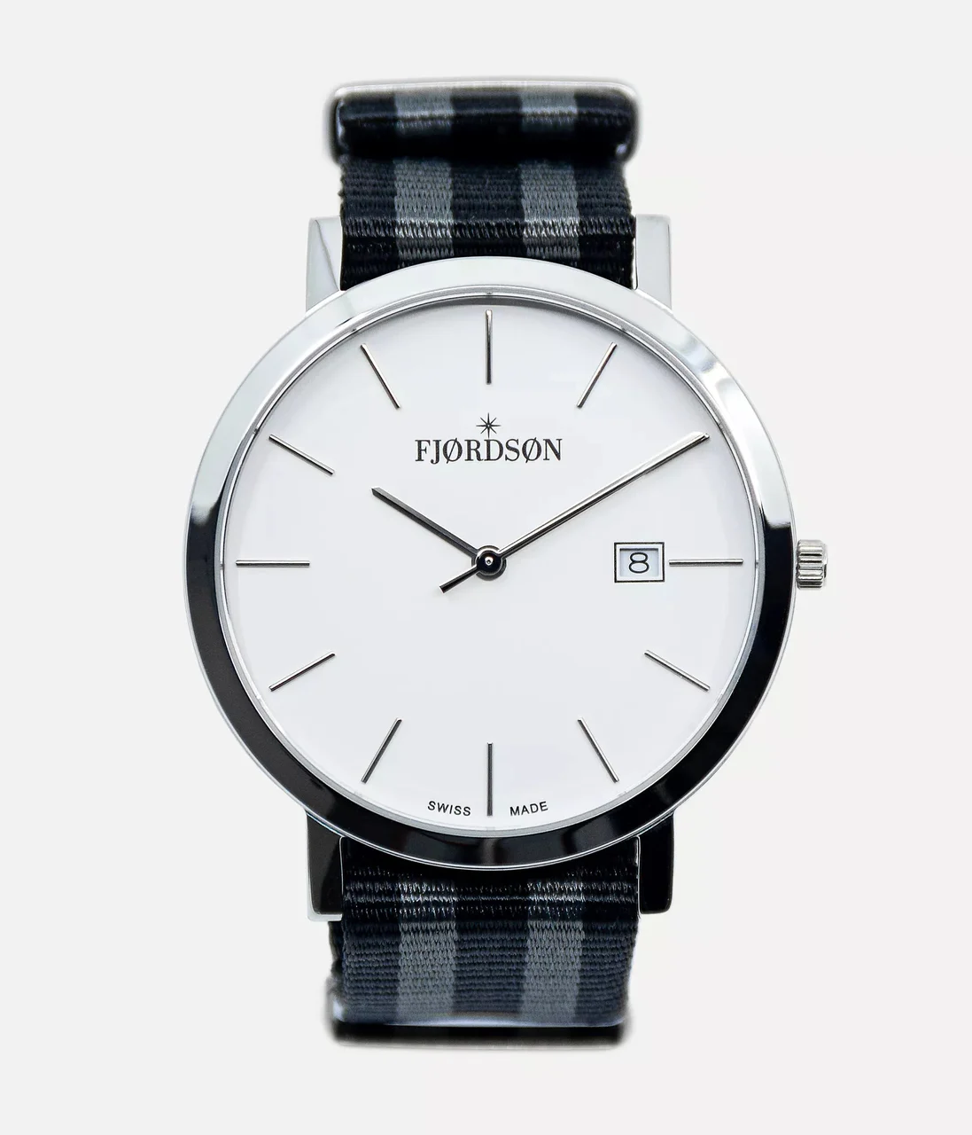 Fjordson White Dial With Black/Grey Nato Strap - Watch #9142 | White Dial With Black/Grey Nato Strap - Men's Watch 42 mm kol saati