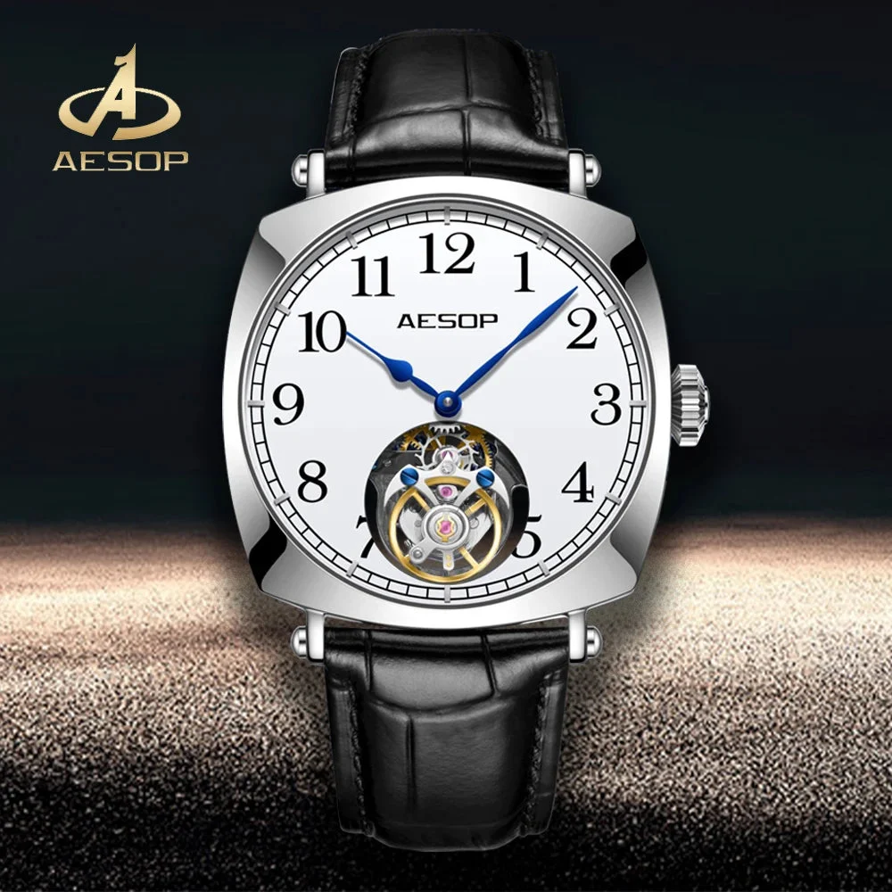 Tandorio AESOP 7068 Flying Tourbillon Mechanical Skeleton Movement Watch Sapphire Luxury Square Dress 12000053319782459 41 mm kol saati