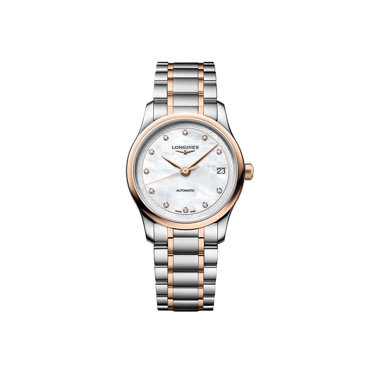 Longines Master 5N Rose Gold Tow-Tone 34mm - White, Mother-of-Pearl, Diamond-Set on Bracelet L24505897 34 mm kol saati