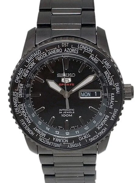 Seiko Sports Automatic Hand Winding World Time Watch, Black PVD SRP129K1 41 mm kol saati