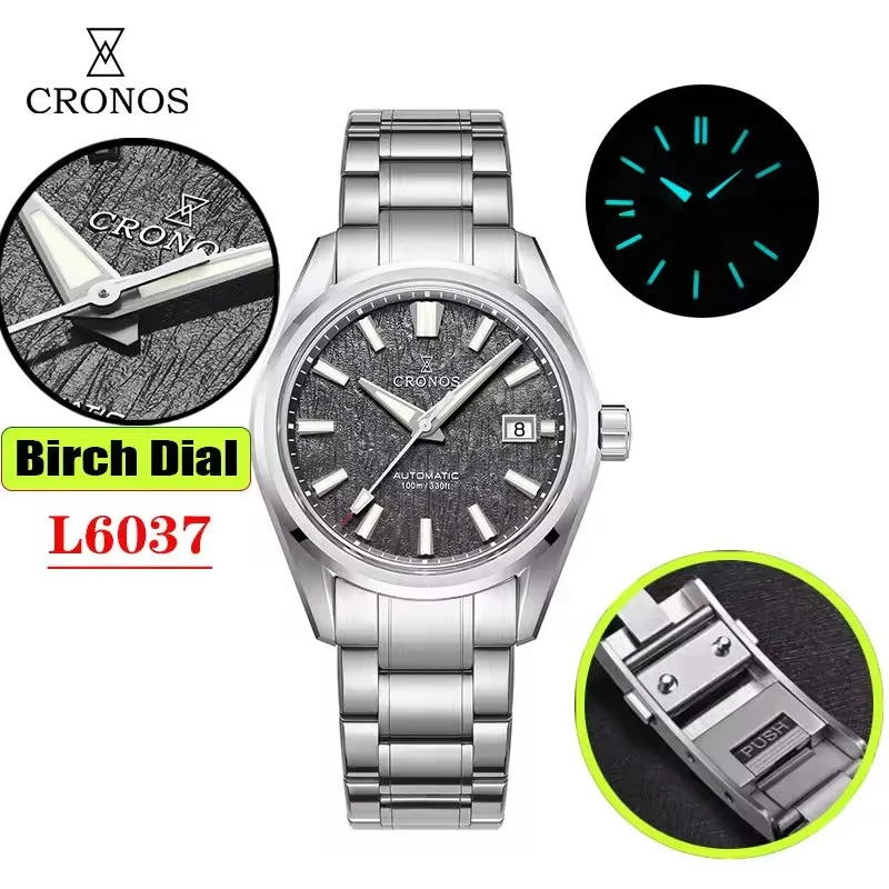 Cronos Watch Store ★Cronos Men Watch 39mm Automatic Watches L6037M 克诺时-L6037-灰色轻树纹-pt机芯-钢带 39 mm kol saati