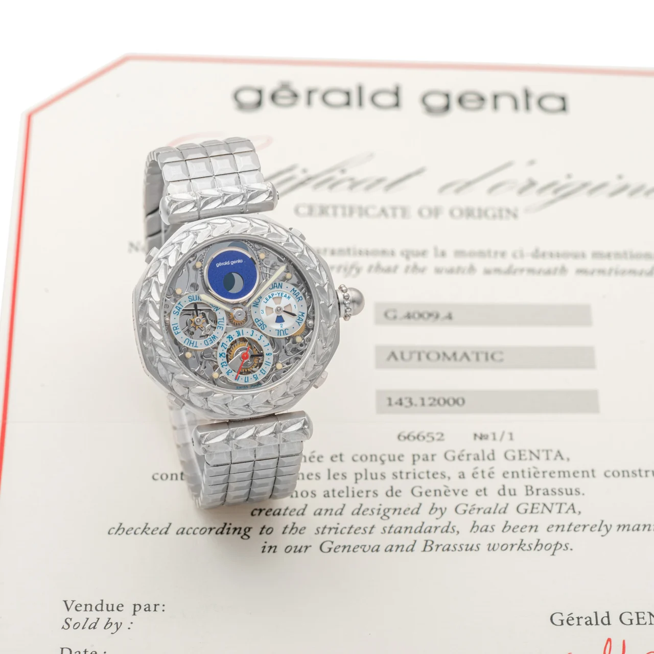 Gerald Genta GERALD GENTA, REF. G4009, TOURBILLON PERPETUAL CALENDAR, MOTHER-OF-PEARL AND LAPIS SUBDIALS, NO. 1/1, WHITE GOLD kol saati