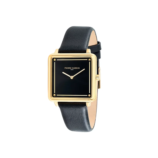 VENDÔME Gold Watch with Black Leather Strap CSQ.7003 kol saati