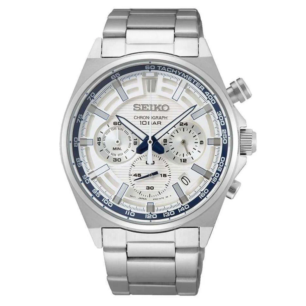 Seiko Quartz Chronograph with 60-minute timer, stop-watch style pusher and a 24-hour sub-dial #SSB395 48 mm kol saati