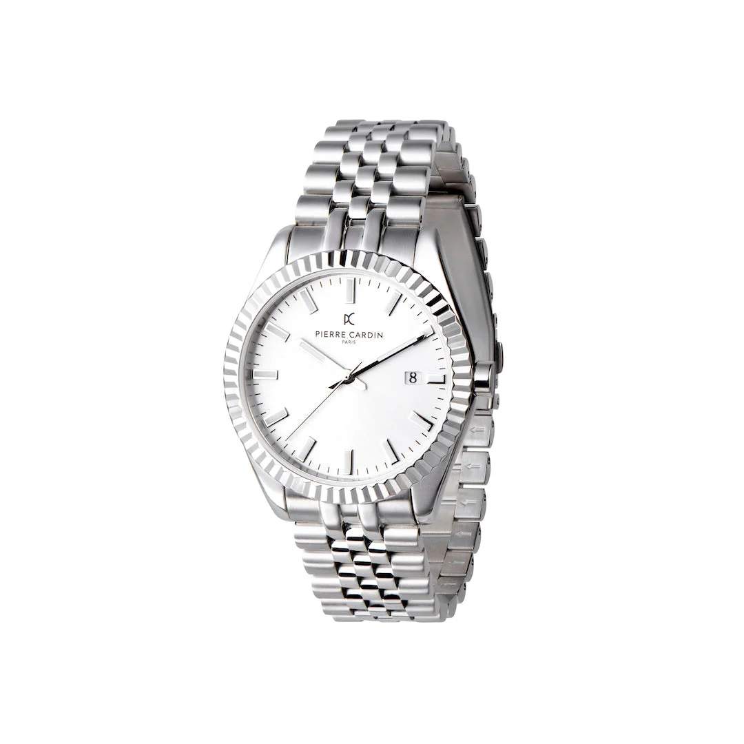 OPERA MENS Opera Stainless Steel Date Watch with Fluted Bezel and White Dial COP.0007 40 mm kol saati