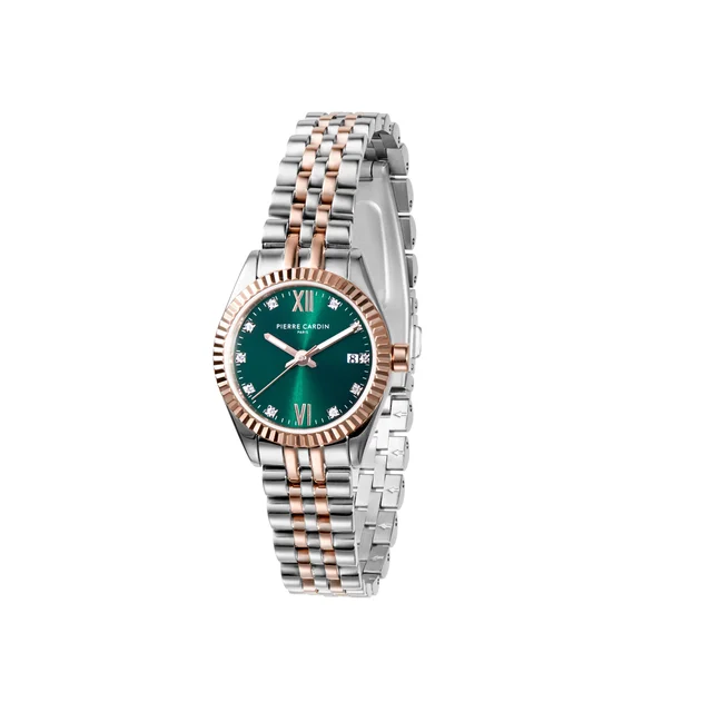 OPERA PLISSÉ Opera Two Tone Rose Gold and Stainless Steel Date Watch with Fluted Bezel and