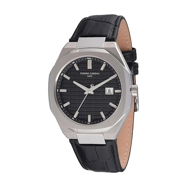 Elysee Maison 8 Checkers 42mm Men’s Stainless Steel Watch - Black Checkered Dial with Leat