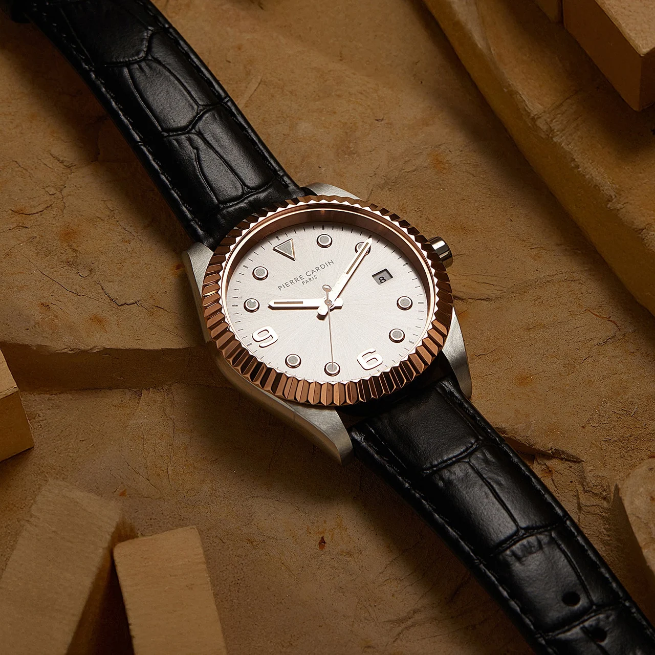 OPERA MENS Timbre Men’s Watch - Two-Tone Rose Gold & Silver Case, Champagne Dial with Black Leather Strap CF.1007.LB.2 40 mm kol saati