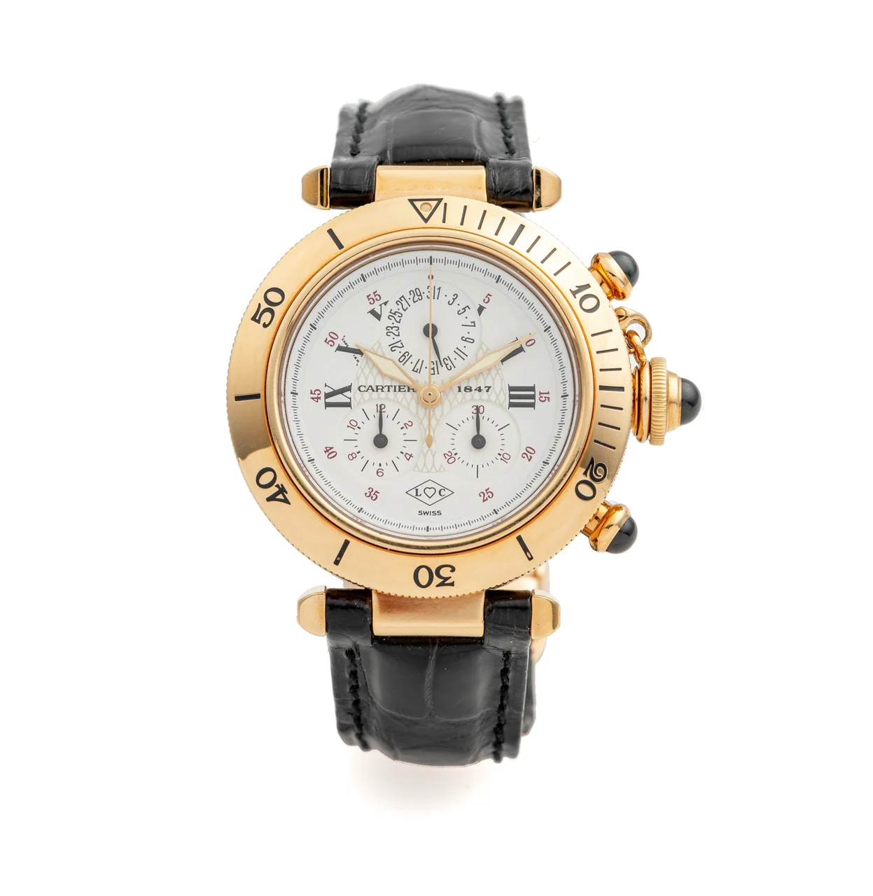 Cartier Ref. 1353-1, quartz, chronograph, minute and hour counters, date; “Pasha Chronograph”; 18K yellow gold kol saati