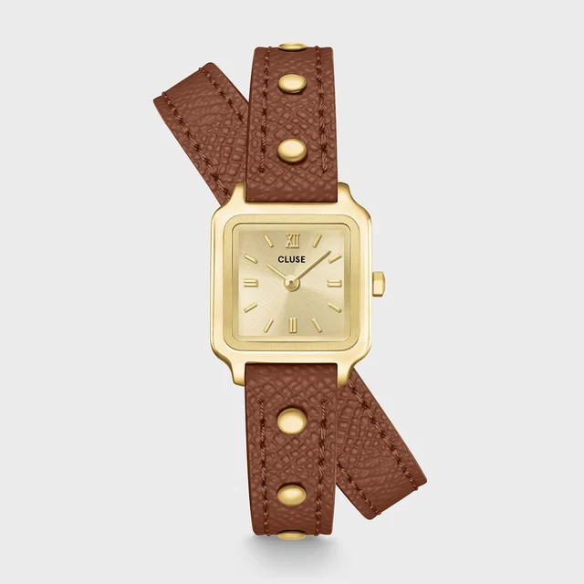 CLUSE Gracieuse Mini Watch Double Leather Nutshell, Studs, Gold Colour CW15507 kol saati