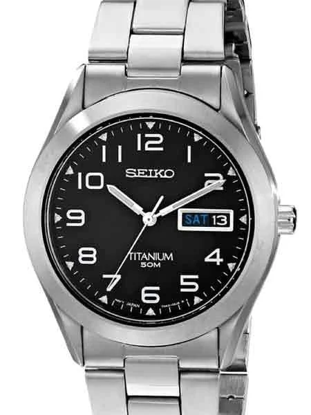 Seiko Quartz Black Dial Watch with 37mm Titanium Case and Folded Bracelet #SGG711 37 mm kol saati