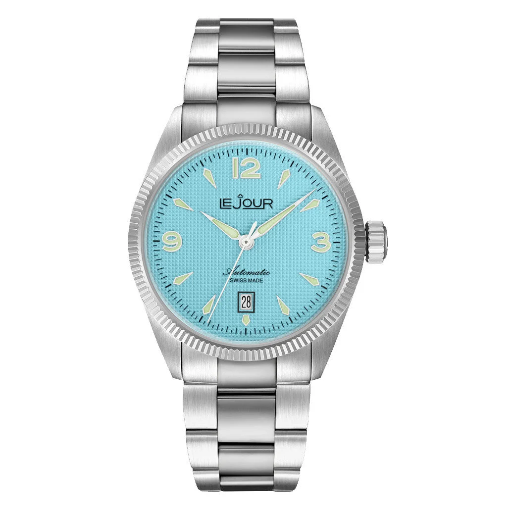 Le Jour Brooklyn Swiss Automatic Dress watch with Robin's Egg Blue Hobnail Dial #LJ-BR-005 50 mm kol saati