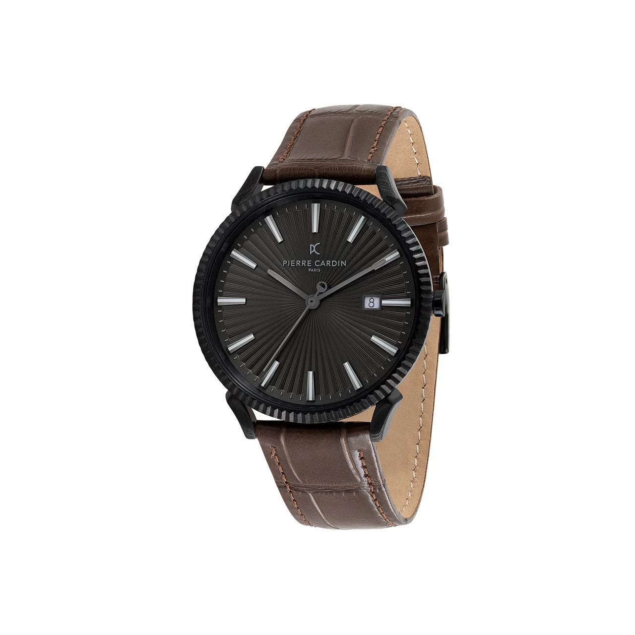 PIGALLE MENS Pigalle Black Watch with Brown Leather Strap with Fluted Bezel CPI.2130 42 mm kol saati