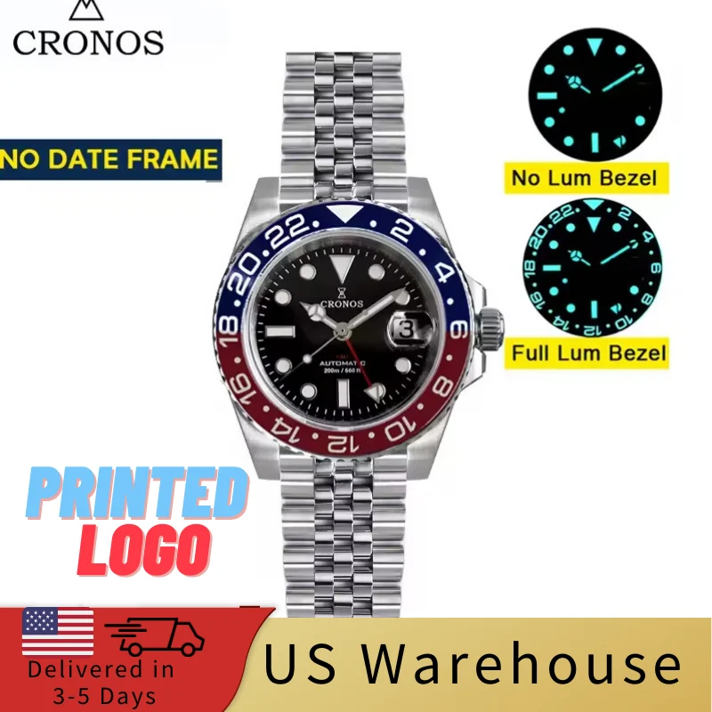 Cronos Watch Store Warehouse★★Cronos NH34 GMT Automatic Men Watch L6020M Cronos-L6020M-黑面=深色红蓝圈-全夜光-有logo 48 mm kol saati