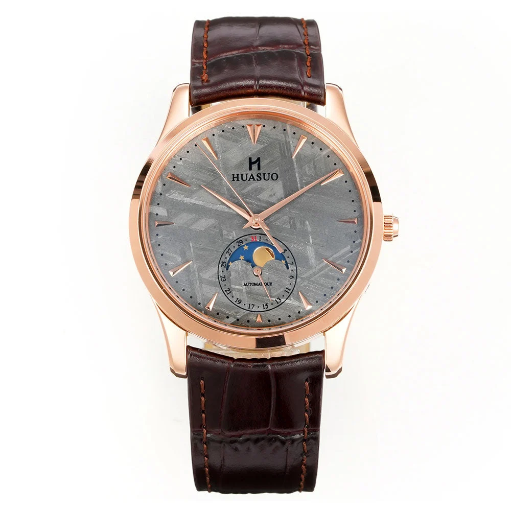 Cronos Watch Store HUASUO Luxury 39mm Meteorite Dial Moon Phase Watches huasuo-luxury-39mm-meteorite-dial-moon-phase-mens-watches 39 mm kol saati