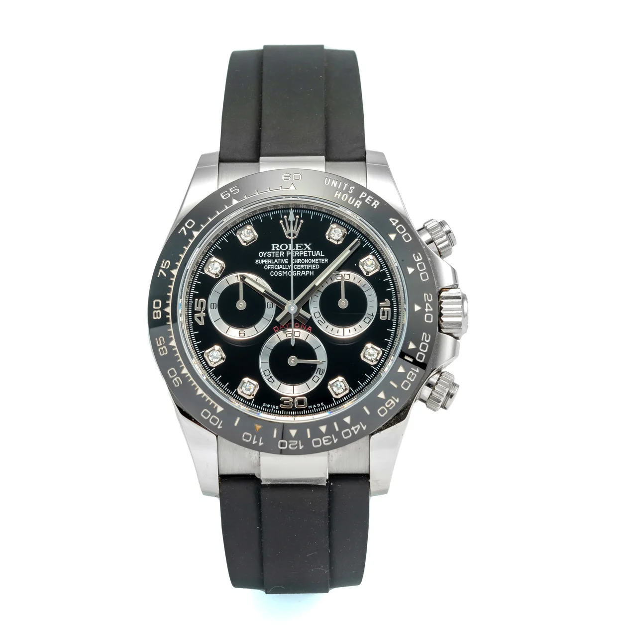 Rolex ROLEX REF. 116519LN, SELF-WINDING CHRONOGRAPH, BLACK DIAL WITH DIAMOND-SET INDEXES; "COSMOGRAPH" "DAYTONA"; 18K WHITE GOLD AND DIAMONDS 40 mm kol saati