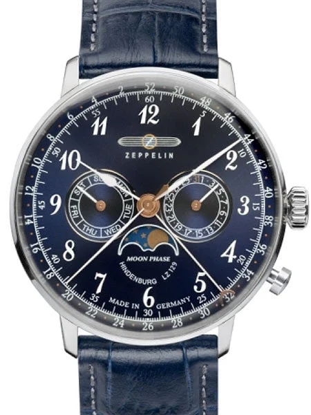 Graf Zeppelin Hindenburg Swiss Quartz Moonphase Calendar Watch #7036-3 kol saati