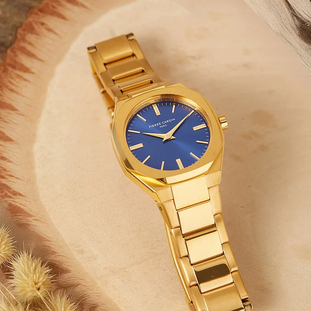 Elysee Maison 8 Chrysanthème ’ Watch - Gold Case, Blue Dial with Gold Metal Strap CF.1008.
