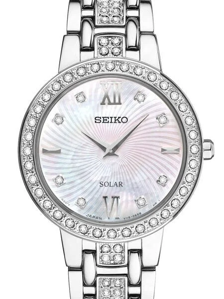 Seiko Solar Dress Watch with Swarovski Crystals, Mother of Pearl Dial #SUP359 28 mm kol saati