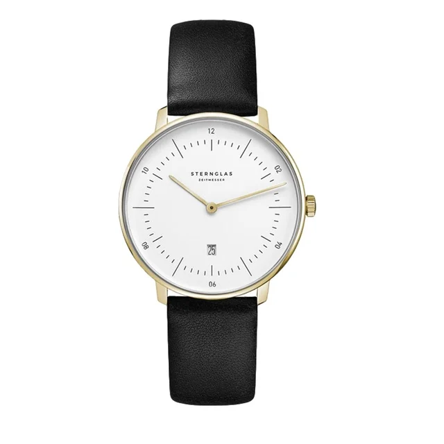 Sternglas Naos XS Quartz Gold PVD 33mm - White on Leather Strap S01-ND02-KL08 kol saati