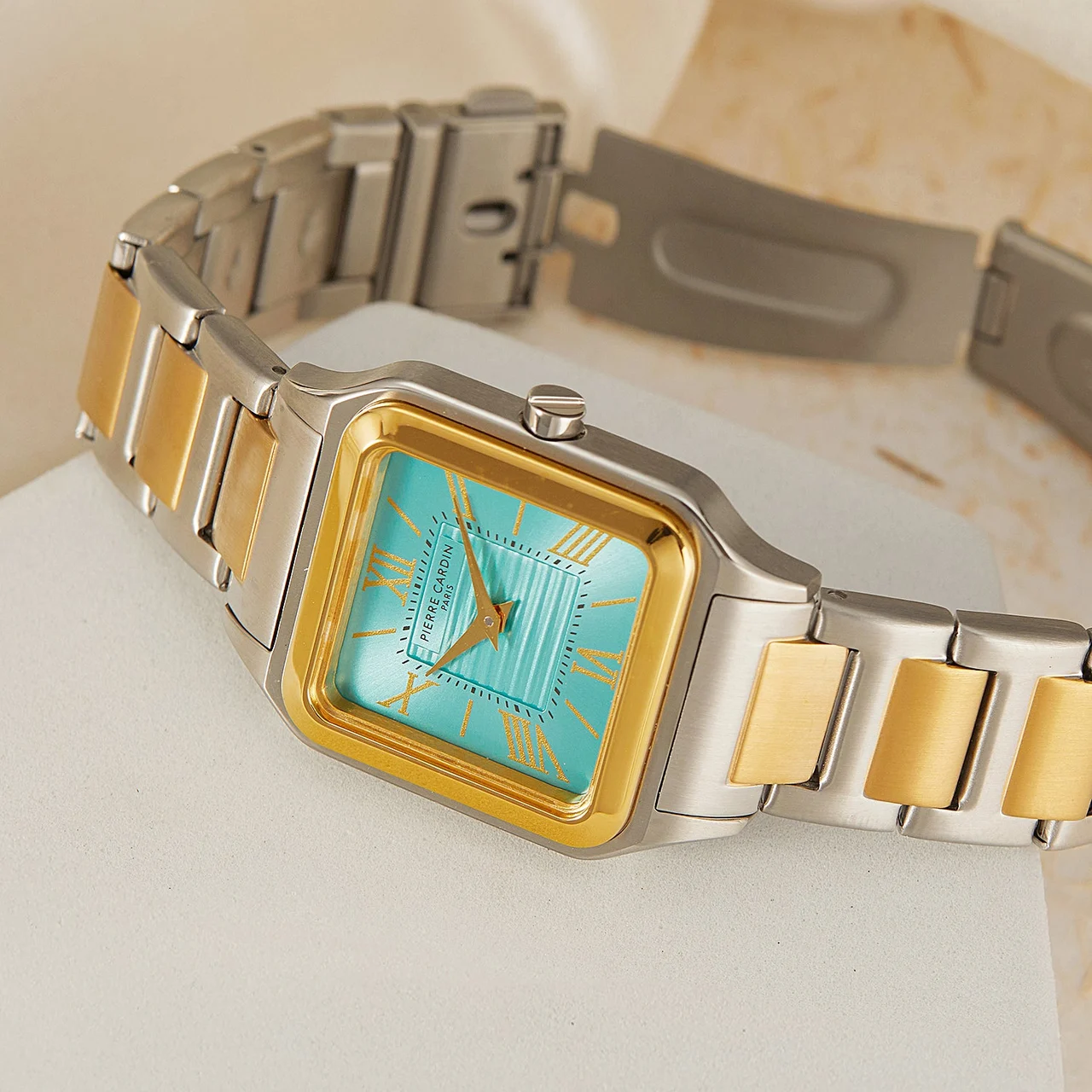 Ménilmontant Carré Women’s Square Watch - Two-Tone Gold & Silver Case, Celeste Blue Dial with Two-Tone Metal Strap CF.1011.MU 27.5 mm kol saati