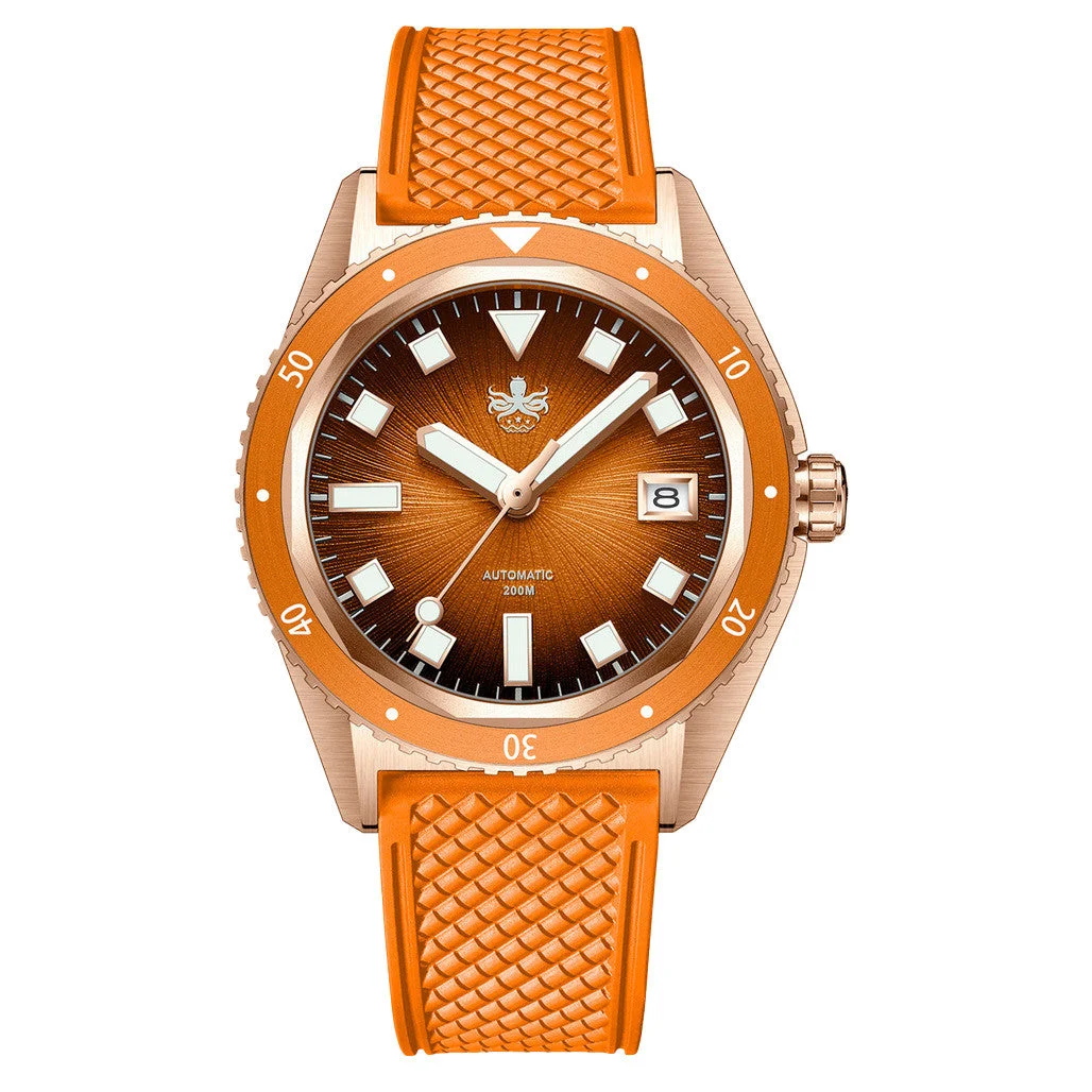 Phoibos Argo Bronze Automatic Dive Watch with Spiral Sunray Orange Dial #PY057G 40.5 mm kol saati