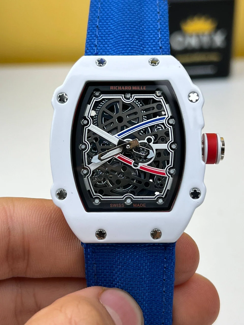 Richard Mille White in Blue Strap Skeletonized Dial Richard Mille RM 67-02 White in Blue Strap Skeletonized Dial 47 mm kol saati