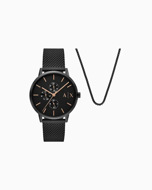 Armani Exchange Multifunction Black Stainless Steel Watch and Necklace Set AX7162SET kol s