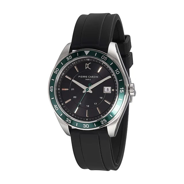 NATION Verre Men’s 42mm Sport Watch - Silver Case, Green Bezel, Black Dial with Black Sili