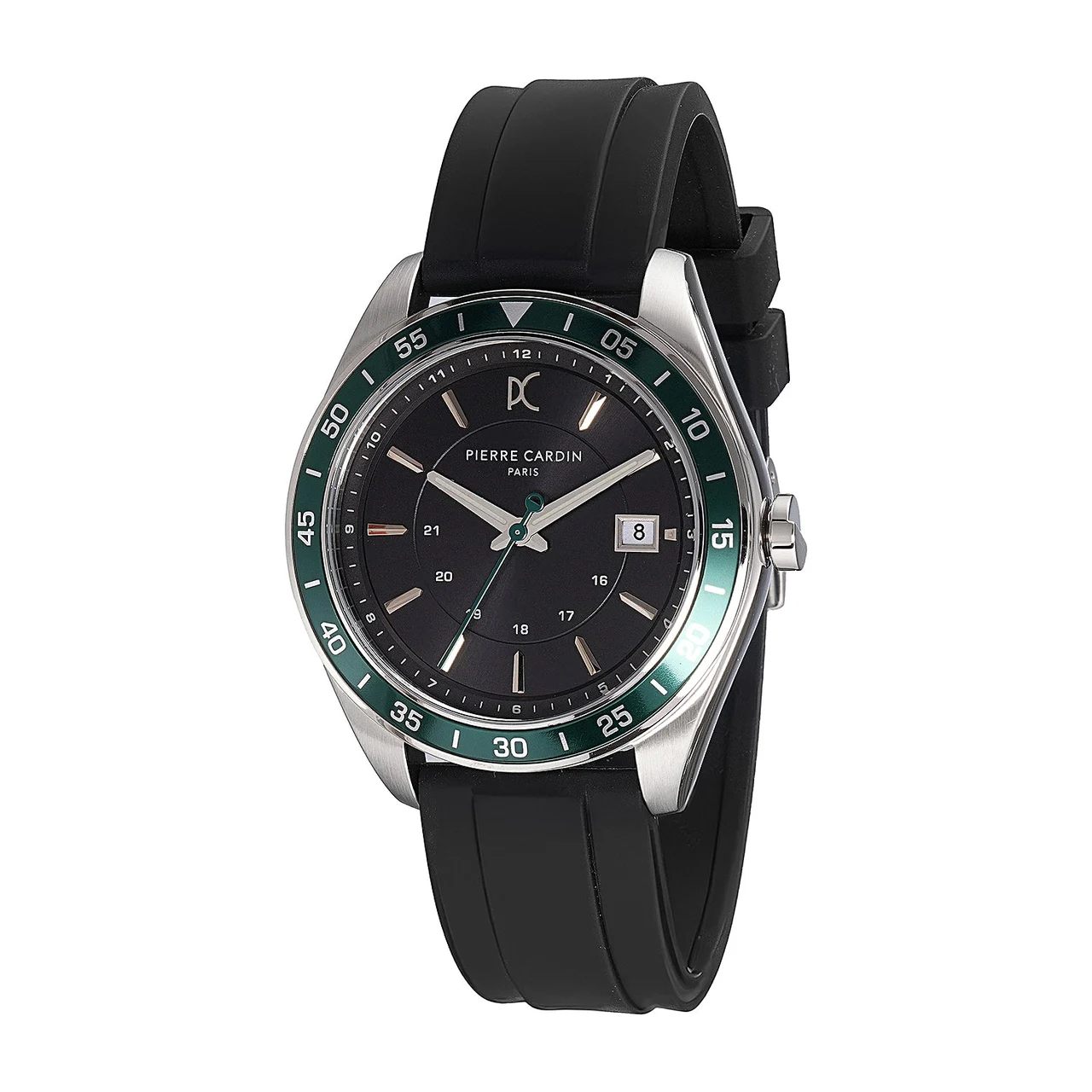 NATION Verre Men’s 42mm Sport Watch - Silver Case, Green Bezel, Black Dial with Black Silicone Strap CF.1003.PB.3 42 mm kol saati