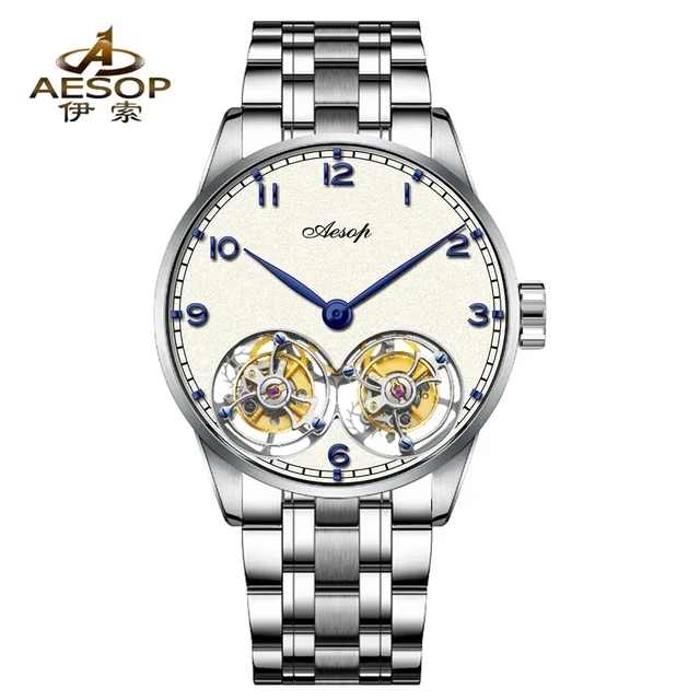 Tandorio AESOP 7108 Double Flying Tourbillon Movement Skeleton Mechanical Luxury Watches W