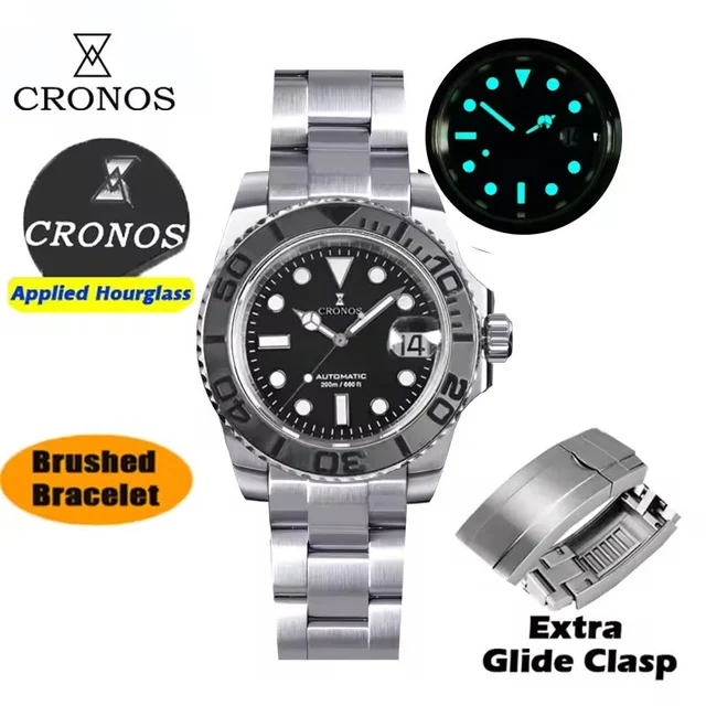 Cronos Watch Store Cronos 2.5x Water Ghost Sub Dive Watch L6018 Polished Mid-link Bracelet