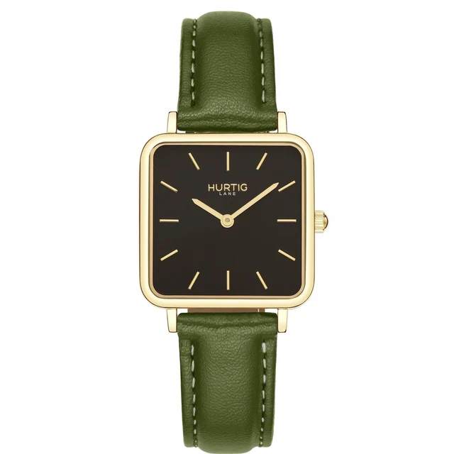 Hurtig Lane Vegan Watches Neliö Square CACTUS Leather Watch Gold,Black & Green kol saati