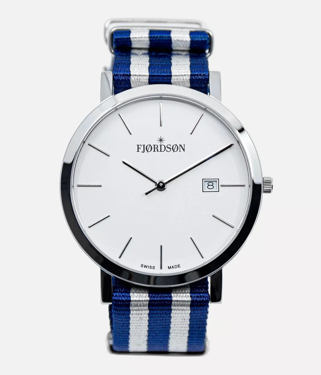 Fjordson White Dial With Blue/White Nato Strap - Watch #9142 | White Dial With Blue/White Nato Strap - Men's Watch 42 mm kol saati
