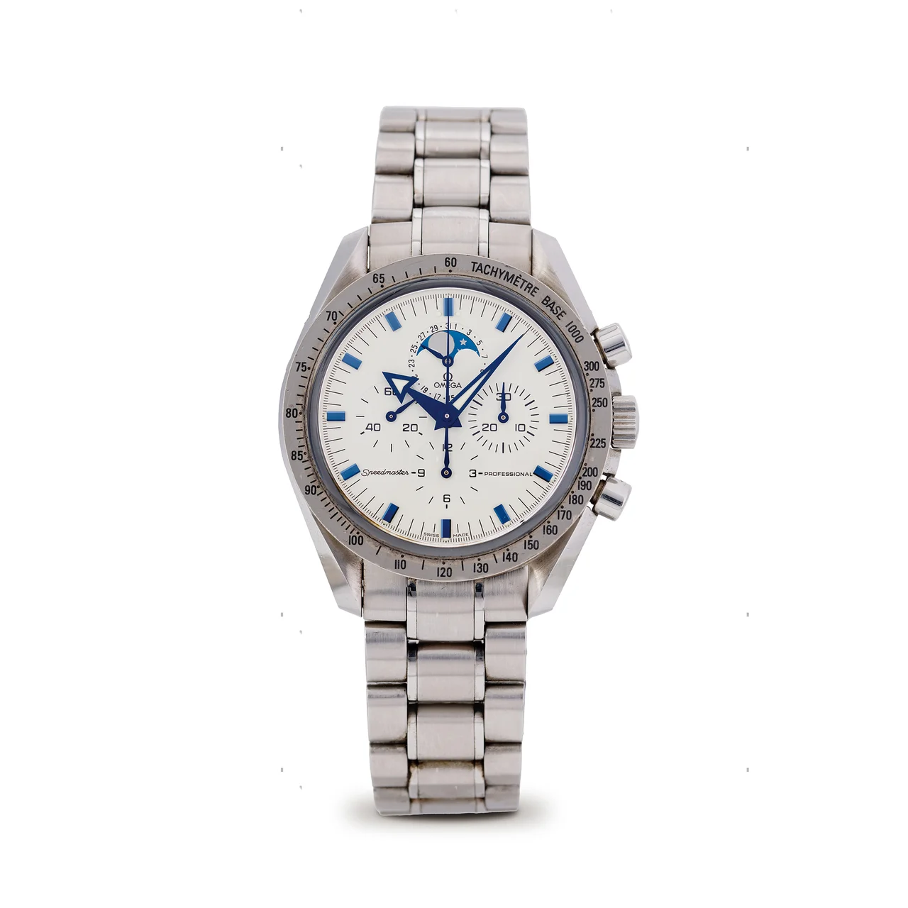 OMEGA Ref. 3575.20.00, chronograph, minute and hour counters, date, moon phases, ivory colour dial, “Broad Arrow” hands, calibre 1866; “Speedmaster Professional Moonphase”; stainless steel and 18K white gold kol saati